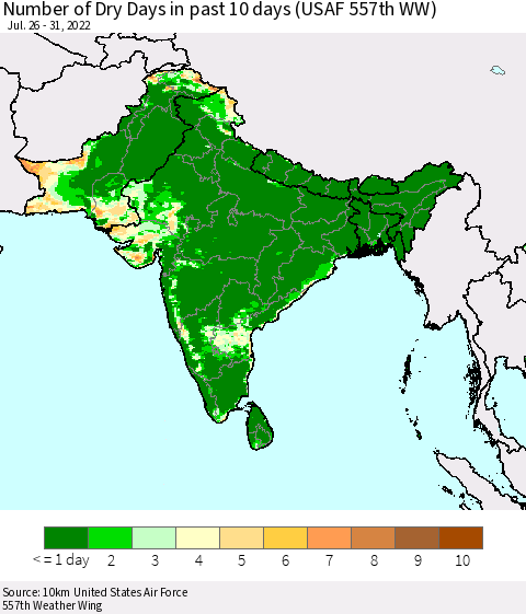 Southern Asia Number of Dry Days in past 10 days (USAF 557th WW) Thematic Map For 7/26/2022 - 7/31/2022