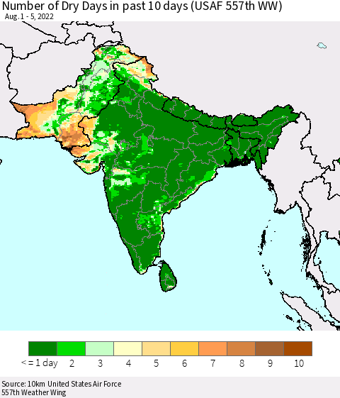Southern Asia Number of Dry Days in past 10 days (USAF 557th WW) Thematic Map For 8/1/2022 - 8/5/2022