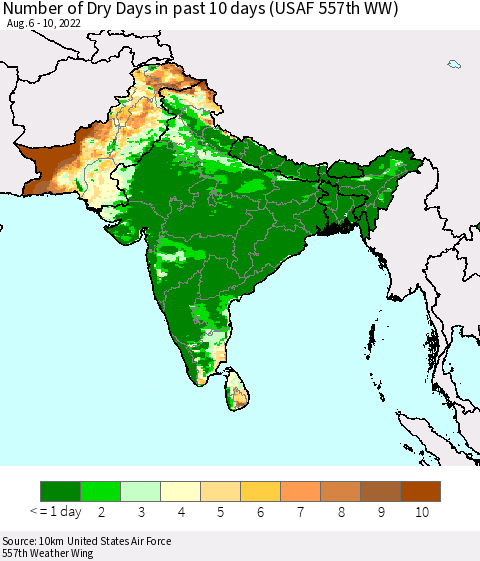 Southern Asia Number of Dry Days in past 10 days (USAF 557th WW) Thematic Map For 8/6/2022 - 8/10/2022