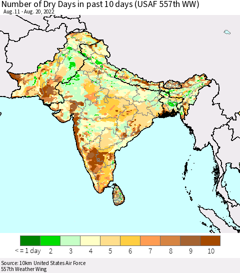 Southern Asia Number of Dry Days in past 10 days (USAF 557th WW) Thematic Map For 8/16/2022 - 8/20/2022