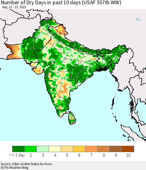 Southern Asia Number of Dry Days in past 10 days (USAF 557th WW) Thematic Map For 8/21/2022 - 8/25/2022