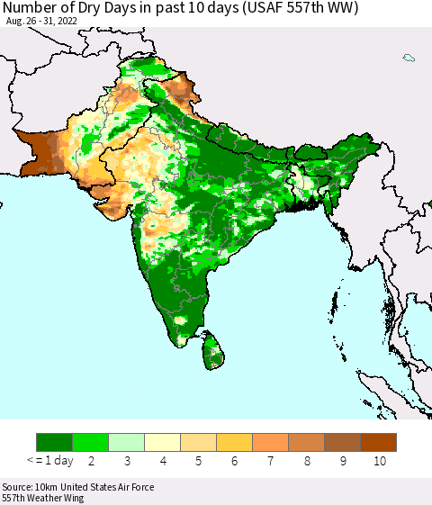 Southern Asia Number of Dry Days in past 10 days (USAF 557th WW) Thematic Map For 8/26/2022 - 8/31/2022