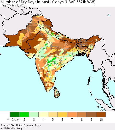 Southern Asia Number of Dry Days in past 10 days (USAF 557th WW) Thematic Map For 9/1/2022 - 9/5/2022