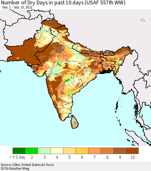 Southern Asia Number of Dry Days in past 10 days (USAF 557th WW) Thematic Map For 9/6/2022 - 9/10/2022