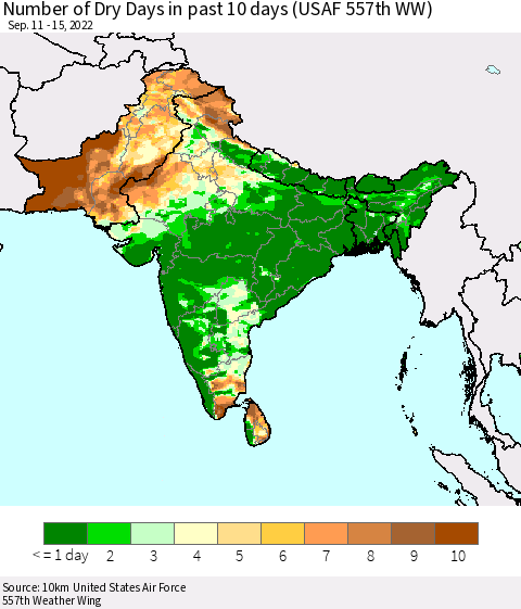 Southern Asia Number of Dry Days in past 10 days (USAF 557th WW) Thematic Map For 9/11/2022 - 9/15/2022