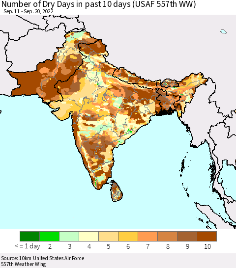 Southern Asia Number of Dry Days in past 10 days (USAF 557th WW) Thematic Map For 9/16/2022 - 9/20/2022