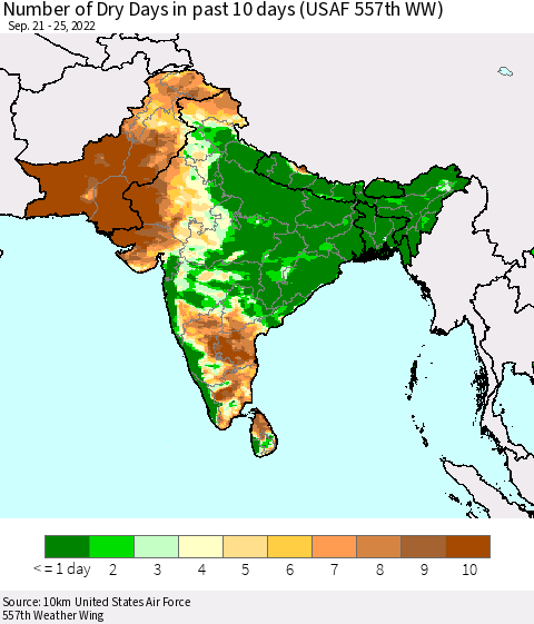 Southern Asia Number of Dry Days in past 10 days (USAF 557th WW) Thematic Map For 9/21/2022 - 9/25/2022