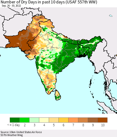 Southern Asia Number of Dry Days in past 10 days (USAF 557th WW) Thematic Map For 9/26/2022 - 9/30/2022