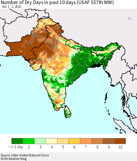 Southern Asia Number of Dry Days in past 10 days (USAF 557th WW) Thematic Map For 10/1/2022 - 10/5/2022