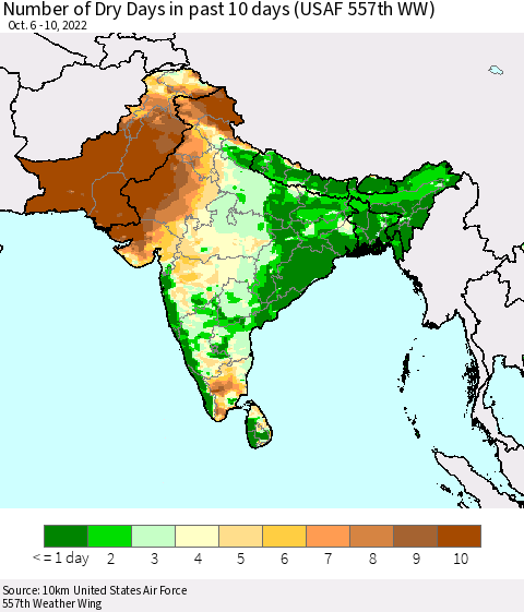 Southern Asia Number of Dry Days in past 10 days (USAF 557th WW) Thematic Map For 10/6/2022 - 10/10/2022