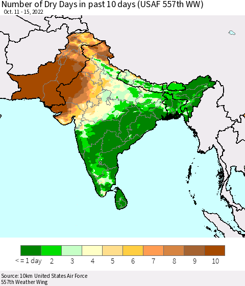 Southern Asia Number of Dry Days in past 10 days (USAF 557th WW) Thematic Map For 10/11/2022 - 10/15/2022