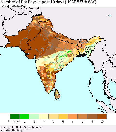 Southern Asia Number of Dry Days in past 10 days (USAF 557th WW) Thematic Map For 10/16/2022 - 10/20/2022