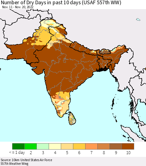 Southern Asia Number of Dry Days in past 10 days (USAF 557th WW) Thematic Map For 11/16/2022 - 11/20/2022