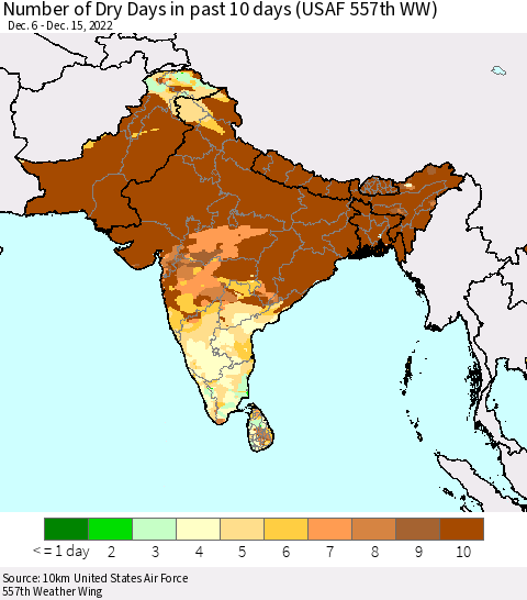 Southern Asia Number of Dry Days in past 10 days (USAF 557th WW) Thematic Map For 12/11/2022 - 12/15/2022