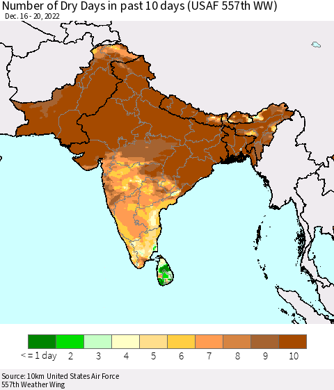 Southern Asia Number of Dry Days in past 10 days (USAF 557th WW) Thematic Map For 12/16/2022 - 12/20/2022