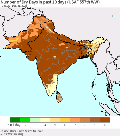 Southern Asia Number of Dry Days in past 10 days (USAF 557th WW) Thematic Map For 12/26/2022 - 12/31/2022
