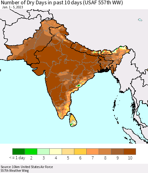 Southern Asia Number of Dry Days in past 10 days (USAF 557th WW) Thematic Map For 1/1/2023 - 1/5/2023