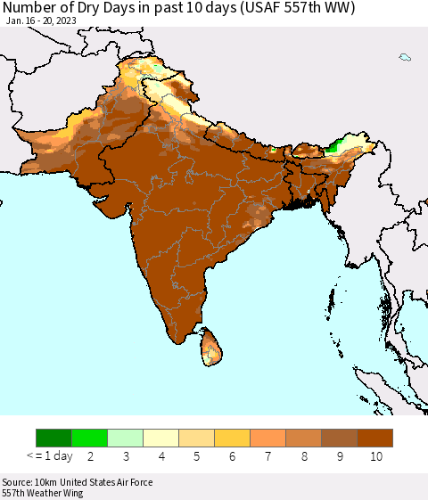 Southern Asia Number of Dry Days in past 10 days (USAF 557th WW) Thematic Map For 1/16/2023 - 1/20/2023