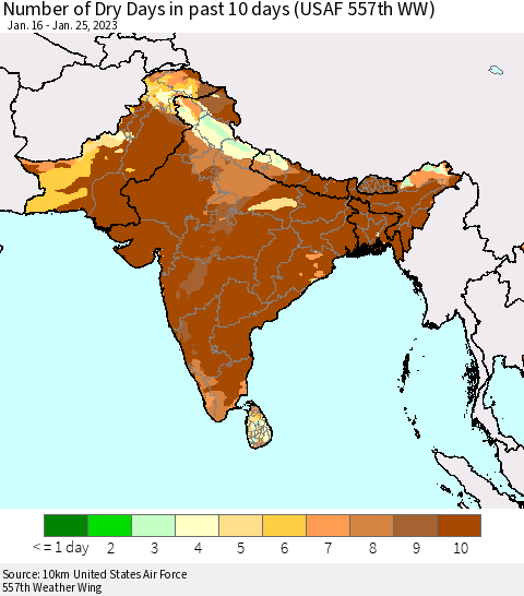 Southern Asia Number of Dry Days in past 10 days (USAF 557th WW) Thematic Map For 1/21/2023 - 1/25/2023