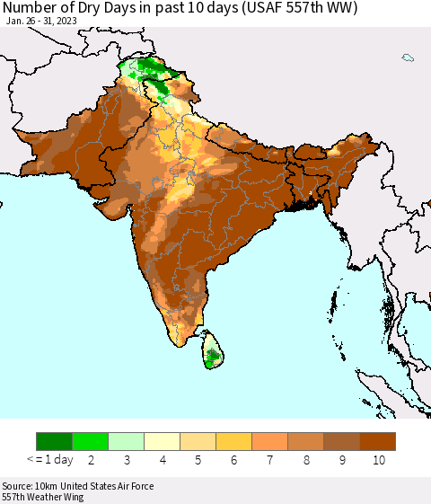 Southern Asia Number of Dry Days in past 10 days (USAF 557th WW) Thematic Map For 1/26/2023 - 1/31/2023