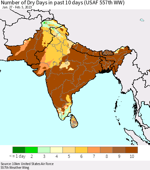 Southern Asia Number of Dry Days in past 10 days (USAF 557th WW) Thematic Map For 2/1/2023 - 2/5/2023