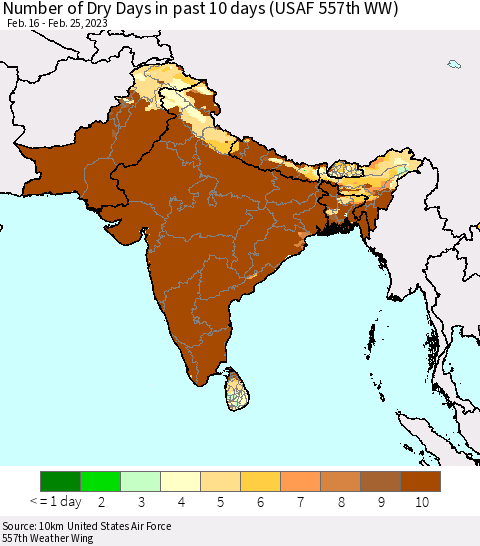 Southern Asia Number of Dry Days in past 10 days (USAF 557th WW) Thematic Map For 2/21/2023 - 2/25/2023