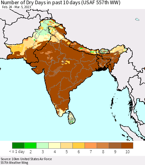 Southern Asia Number of Dry Days in past 10 days (USAF 557th WW) Thematic Map For 3/1/2023 - 3/5/2023