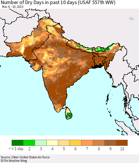 Southern Asia Number of Dry Days in past 10 days (USAF 557th WW) Thematic Map For 3/6/2023 - 3/10/2023