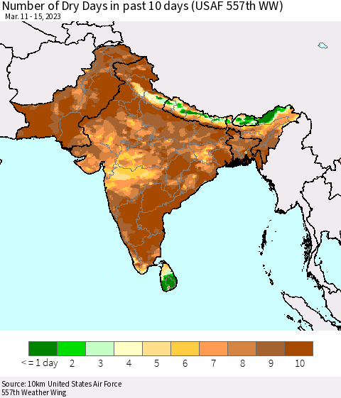 Southern Asia Number of Dry Days in past 10 days (USAF 557th WW) Thematic Map For 3/11/2023 - 3/15/2023