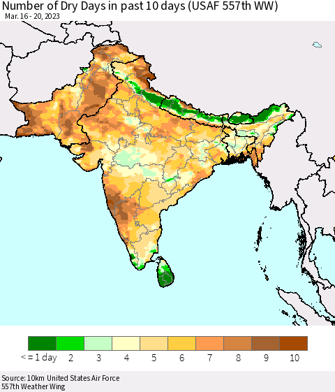 Southern Asia Number of Dry Days in past 10 days (USAF 557th WW) Thematic Map For 3/16/2023 - 3/20/2023