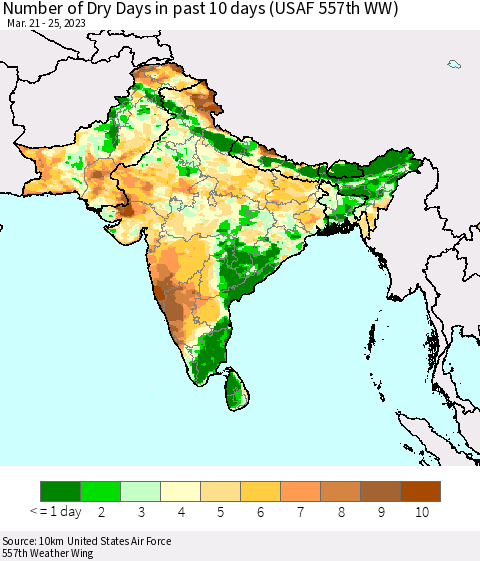 Southern Asia Number of Dry Days in past 10 days (USAF 557th WW) Thematic Map For 3/21/2023 - 3/25/2023