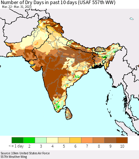 Southern Asia Number of Dry Days in past 10 days (USAF 557th WW) Thematic Map For 3/26/2023 - 3/31/2023