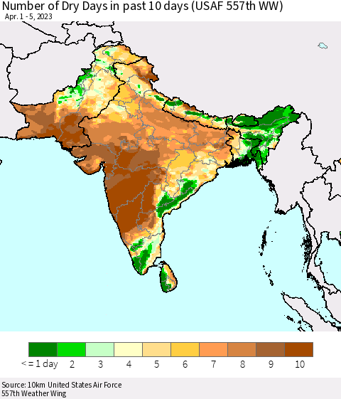 Southern Asia Number of Dry Days in past 10 days (USAF 557th WW) Thematic Map For 4/1/2023 - 4/5/2023