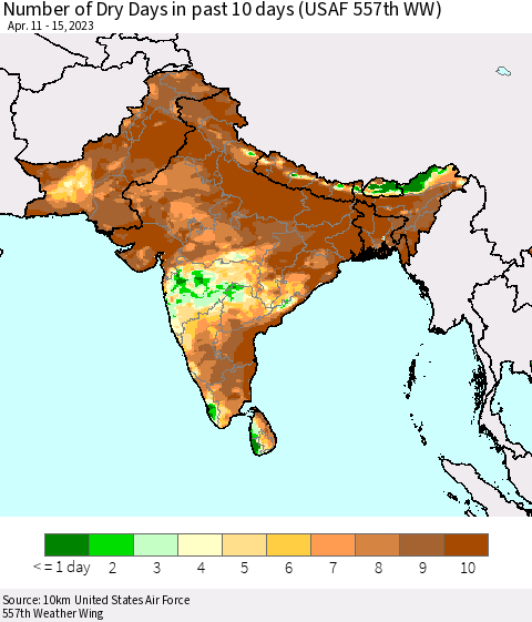 Southern Asia Number of Dry Days in past 10 days (USAF 557th WW) Thematic Map For 4/11/2023 - 4/15/2023