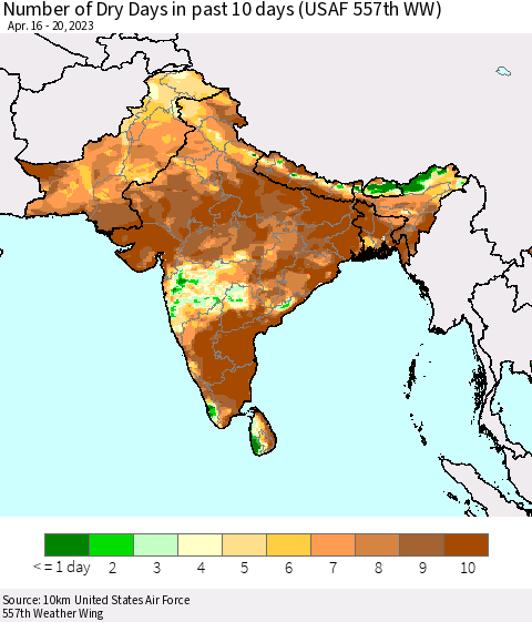 Southern Asia Number of Dry Days in past 10 days (USAF 557th WW) Thematic Map For 4/16/2023 - 4/20/2023