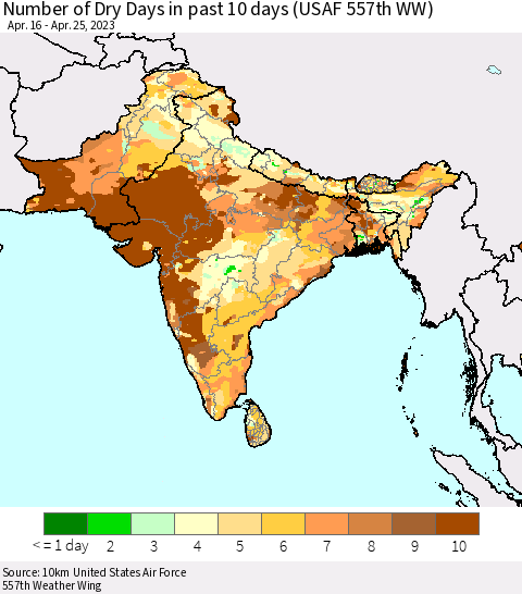 Southern Asia Number of Dry Days in past 10 days (USAF 557th WW) Thematic Map For 4/21/2023 - 4/25/2023