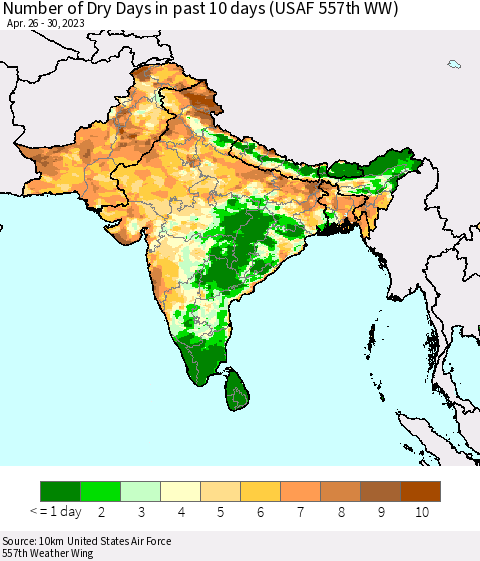 Southern Asia Number of Dry Days in past 10 days (USAF 557th WW) Thematic Map For 4/26/2023 - 4/30/2023