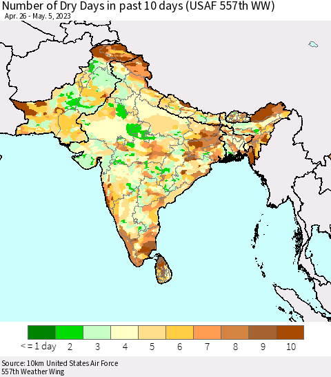 Southern Asia Number of Dry Days in past 10 days (USAF 557th WW) Thematic Map For 5/1/2023 - 5/5/2023