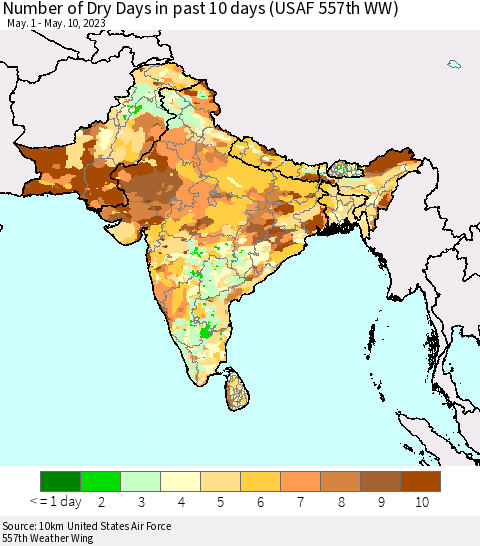 Southern Asia Number of Dry Days in past 10 days (USAF 557th WW) Thematic Map For 5/6/2023 - 5/10/2023