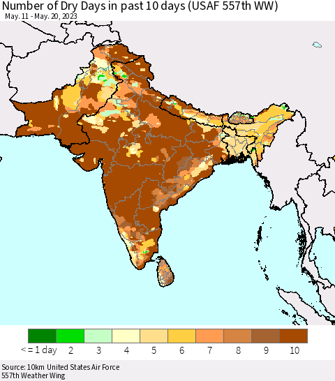 Southern Asia Number of Dry Days in past 10 days (USAF 557th WW) Thematic Map For 5/16/2023 - 5/20/2023
