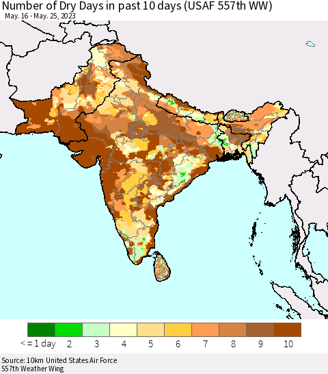 Southern Asia Number of Dry Days in past 10 days (USAF 557th WW) Thematic Map For 5/21/2023 - 5/25/2023