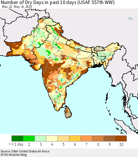 Southern Asia Number of Dry Days in past 10 days (USAF 557th WW) Thematic Map For 5/26/2023 - 5/31/2023