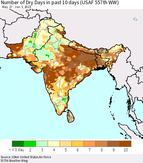 Southern Asia Number of Dry Days in past 10 days (USAF 557th WW) Thematic Map For 6/1/2023 - 6/5/2023