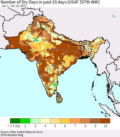 Southern Asia Number of Dry Days in past 10 days (USAF 557th WW) Thematic Map For 6/6/2023 - 6/10/2023