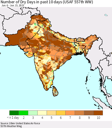 Southern Asia Number of Dry Days in past 10 days (USAF 557th WW) Thematic Map For 6/11/2023 - 6/15/2023