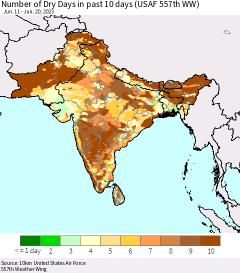 Southern Asia Number of Dry Days in past 10 days (USAF 557th WW) Thematic Map For 6/16/2023 - 6/20/2023