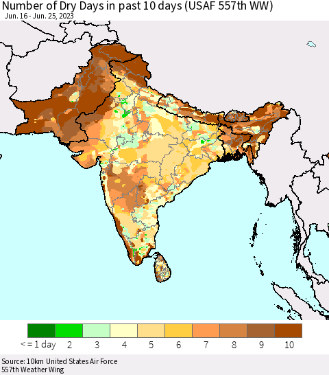 Southern Asia Number of Dry Days in past 10 days (USAF 557th WW) Thematic Map For 6/21/2023 - 6/25/2023