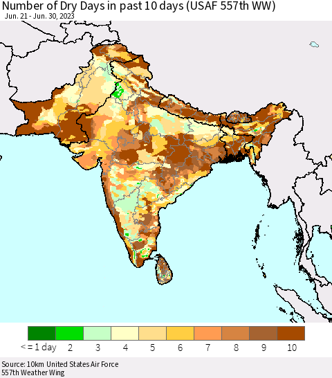 Southern Asia Number of Dry Days in past 10 days (USAF 557th WW) Thematic Map For 6/26/2023 - 6/30/2023
