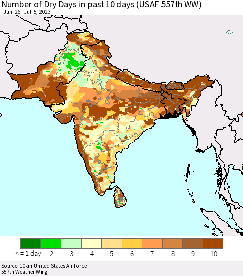 Southern Asia Number of Dry Days in past 10 days (USAF 557th WW) Thematic Map For 7/1/2023 - 7/5/2023