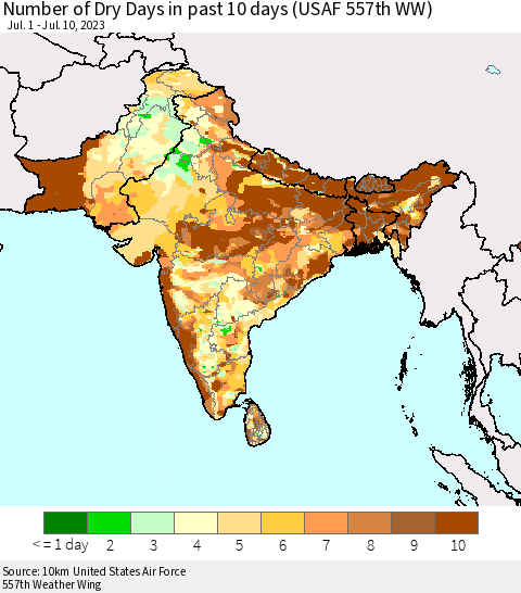 Southern Asia Number of Dry Days in past 10 days (USAF 557th WW) Thematic Map For 7/6/2023 - 7/10/2023